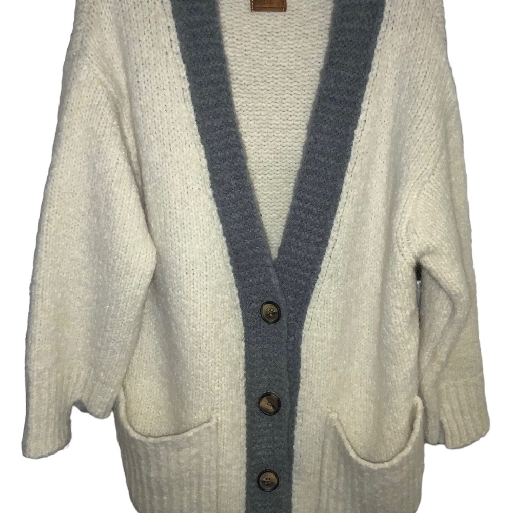 POL Cream Gray Trim Oversized Button Down Cardigan Pockets Sweater Size S